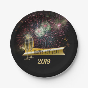 New Years Eve Party Fireworks Champagne Glasses Paper Plate