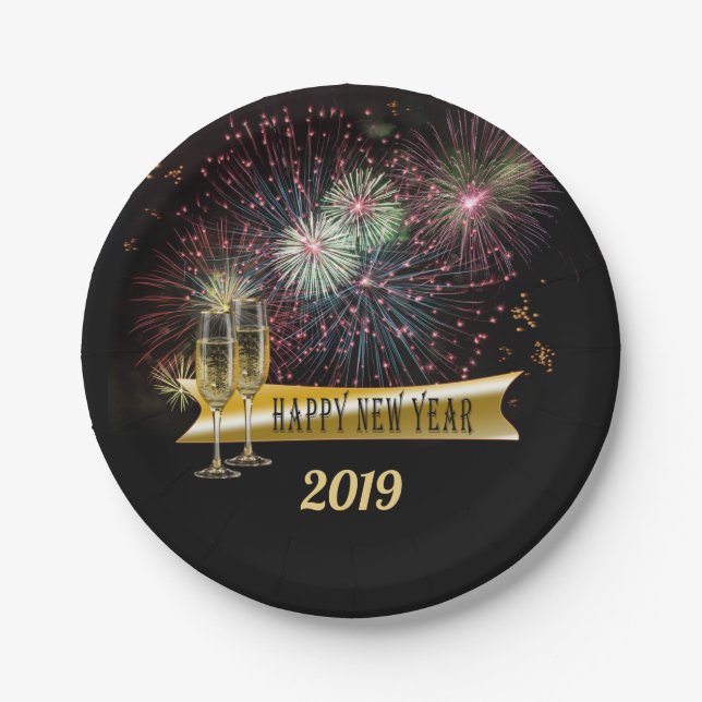 New Years Eve Party Fireworks Champagne Glasses Paper Plate (Front)