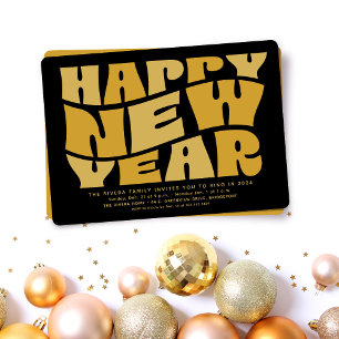 New Year's Eve party fun trendy retro black gold Invitation