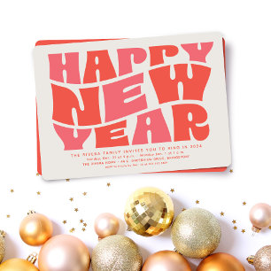 New Year's Eve party fun trendy retro pink red Invitation