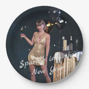 New Years Eve Party Girl in Sequined Dress Paper Plate