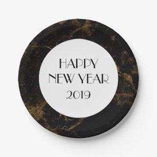 New Years Eve Party Gold Black Marble Paper Plate