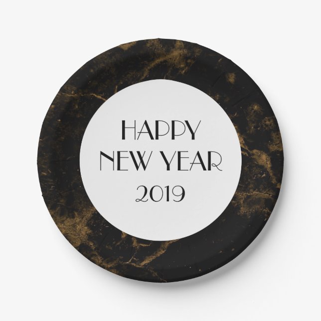 New Years Eve Party Gold Black Marble Paper Plate (Front)