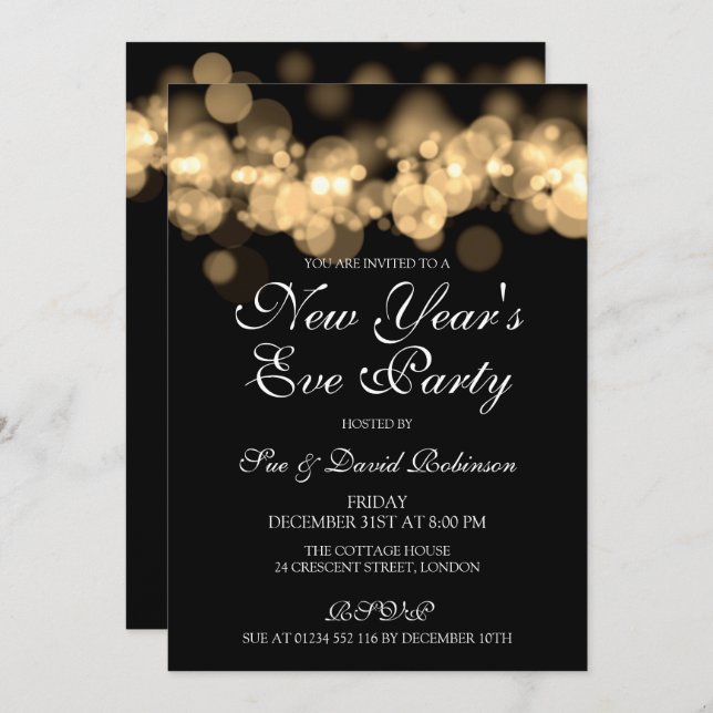New Year's Eve Party Gold Bokeh Lights Invitation (Front/Back)