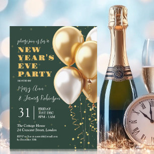 New Years Eve Party Gold Confetti Balloons Green  Invitation