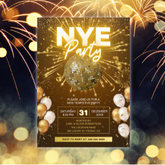 New Year's Eve Party Gold Disco Ball Glitter Invitation