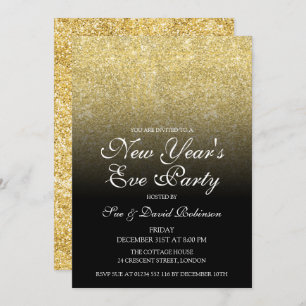 New Year's Eve Party Gold Glitter Black  Invitation