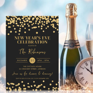 New Years Eve Party Gold Glitter Confetti Black Invitation
