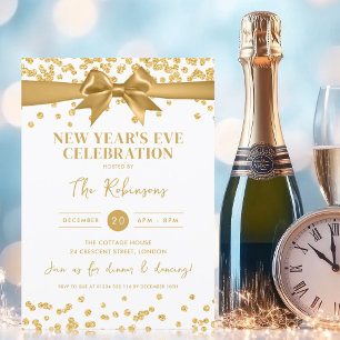New Years Eve Party Gold Glitter Confetti & Bow Invitation