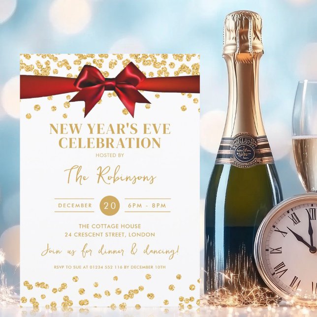 New Years Eve Party Gold Glitter Confetti Red Bow Invitation (New Years Eve Party Gold Glitter Confetti Red Bow Invitation)