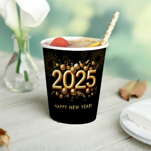 New Year's Eve Party Gold Glitter Paper Cups
