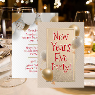 New Years Eve Party - Gold & White Balloons - Red Invitation
