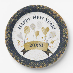 New Years Eve Party, Golden Balloons Paper Plate