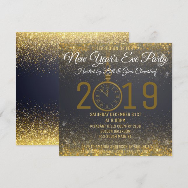New Year's Eve Party Invitation Luxury Clock (Front/Back)