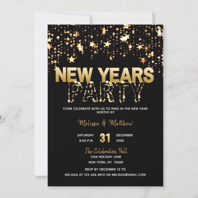 NEW YEAR'S EVE Party Invitations Gold Glitter (Front)