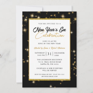 New Year's Eve Party Modern Black and Gold Sparkle Invitation