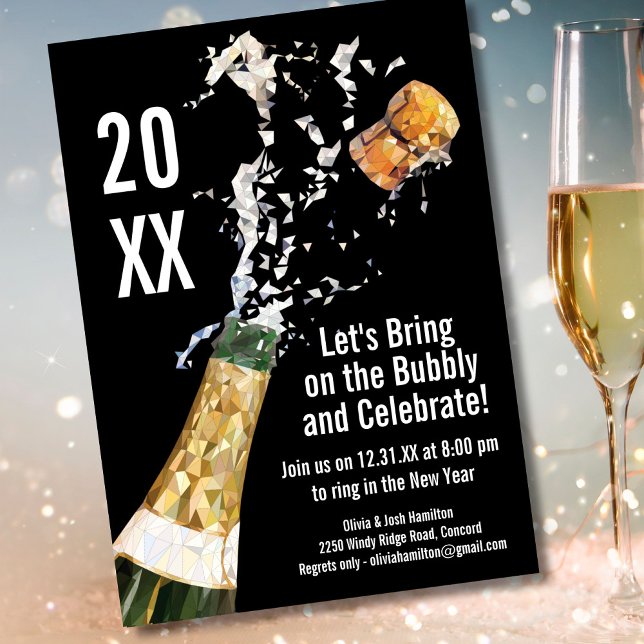 New Year's Eve Party Modern Champagne Bubbly Invitation (Creator Uploaded)