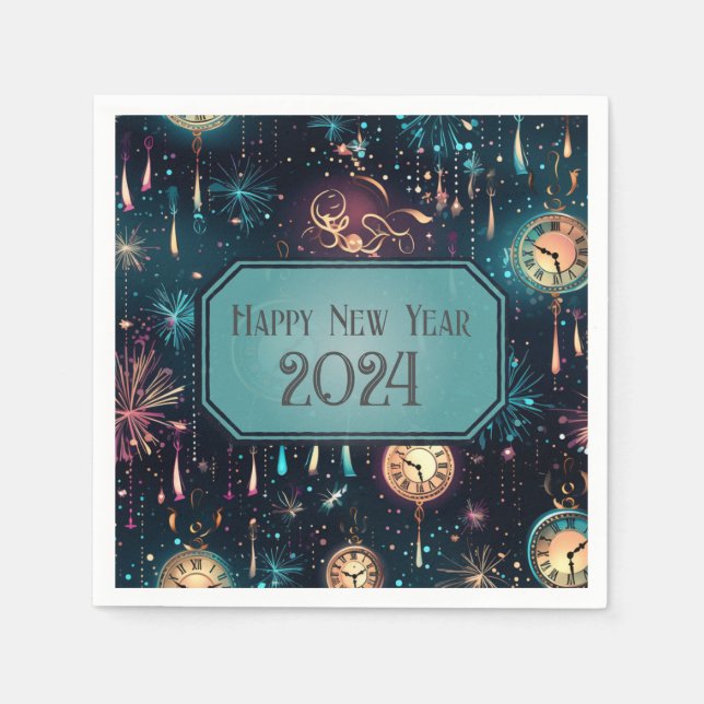 New Year's Eve Party Napkins Colourful Clock Desig (Front)