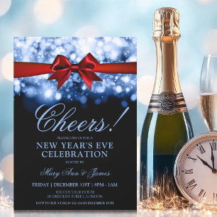 New Years Eve Party Navy Sparkle Lights Red Bow Invitation
