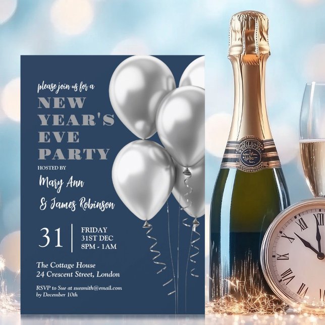 New Years Eve Party Silver Balloons Navy Blue Invitation (New Years Eve Party Silver Balloons Navy Blue Invitation)