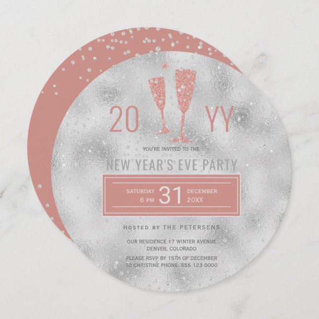 New Year's Eve party silver glitter elegant Invitation (Front/Back)