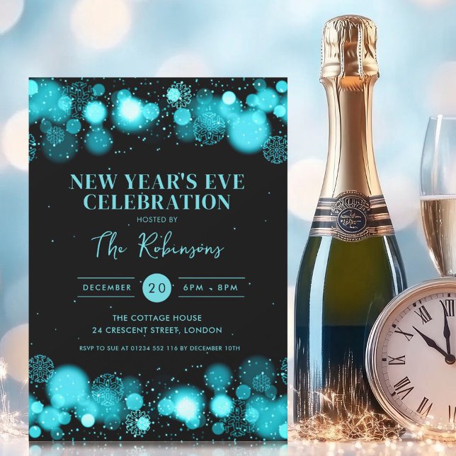 New Years Eve Party Turquoise Black Winter Wonder Invitation (New Years Eve Party Turquoise Black Winter Wonder Invitation)