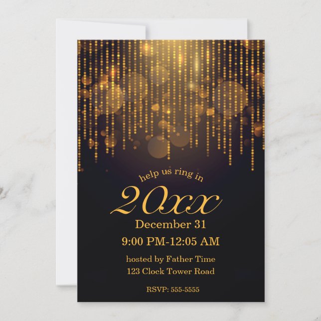 New Year's Eve Party with gold twinkle lights Invitation (Front)