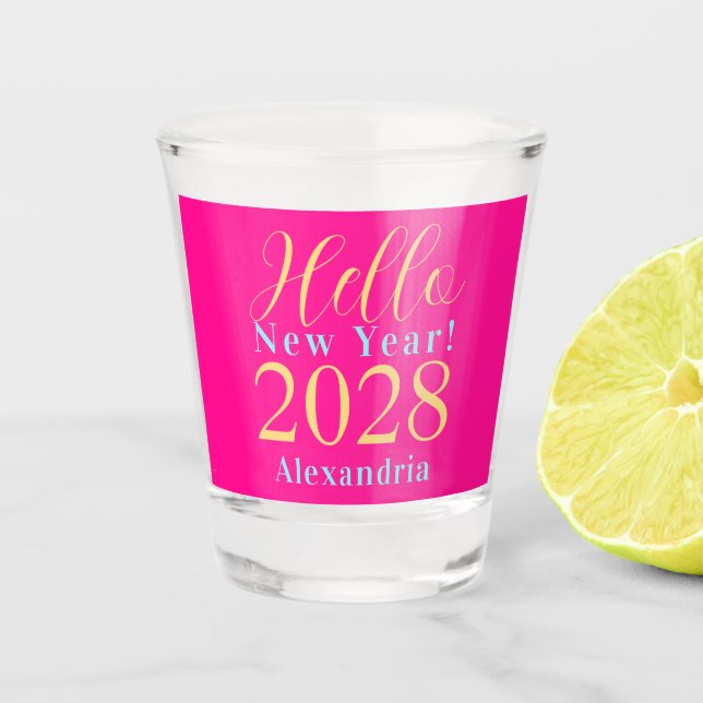 New Year's Eve Personalised Hot Pink Party Favour Shot Glass (Front)