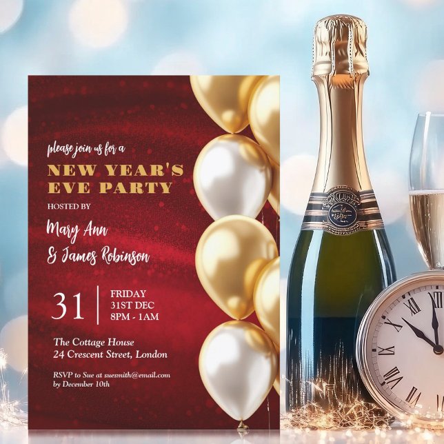New Years Eve Red Gold Shimmering Sequins Balloons Invitation (New Years Eve Red Gold Shimmering Sequins Balloons Invitation)