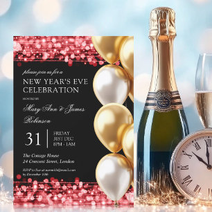New Years Eve Red Shimmering Lights Gold Balloons Invitation