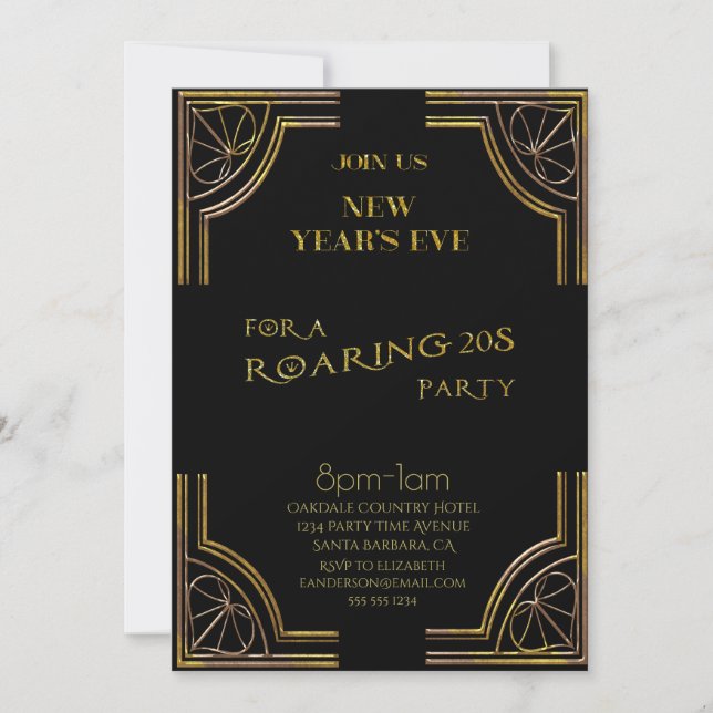 New Year's Eve Roaring 20s  Black Gold Glitter Invitation (Front)