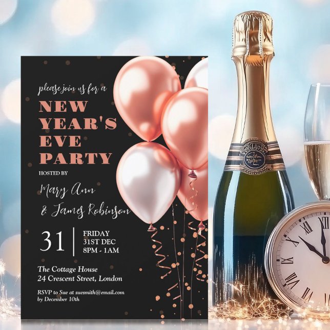New Years Eve Rose Gold Confetti Balloons Black Invitation (New Years Eve Rose Gold Confetti Balloons Black Invitation)