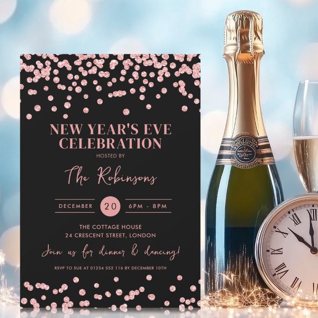 New Years Eve Rose Gold Glitter Confetti Black Invitation (New Years Eve Rose Gold Glitter Confetti Black Invitation)