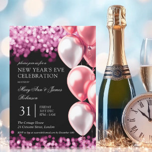 New Years Eve Rose Gold Shimmer Lights Balloons Invitation