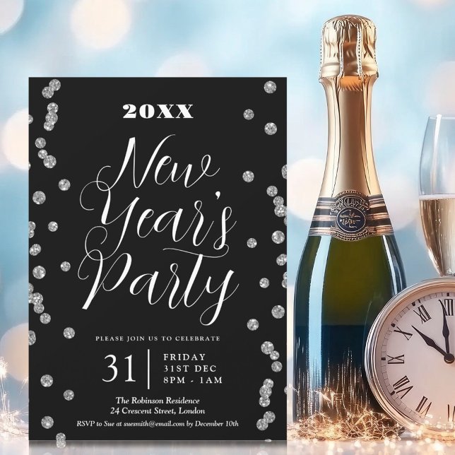 New Years Eve Silver Glitter Confetti Black  Invitation (New Years Eve Silver Glitter Confetti Black Invitation)
