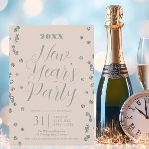 New Years Eve Silver Glitter Confetti Champagne  Invitation