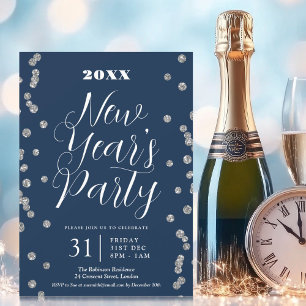 New Years Eve Silver Glitter Confetti Navy Invitation