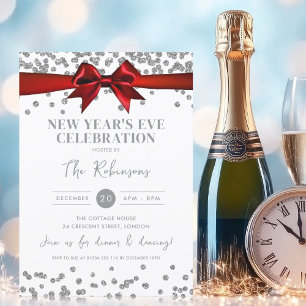 New Years Eve Silver Glitter Confetti Red Bow Invitation