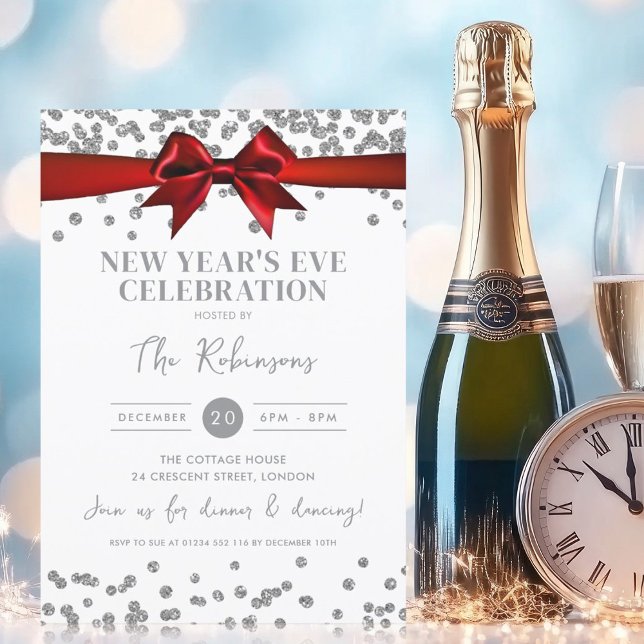 New Years Eve Silver Glitter Confetti Red Bow Invitation (New Years Eve Silver Glitter Confetti Red Bow Invitation)