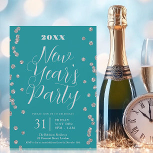 New Years Eve Silver Glitter Confetti Turquoise  Invitation