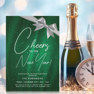 New Years Eve Silver Green Sparkle Sequin Bow Invitation