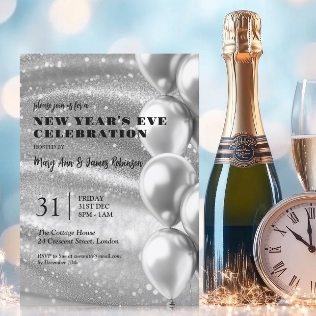 New Years Eve Silver Shimmering Sequins Balloons Invitation (New Years Eve Silver Shimmering Sequins Balloons Invitation)