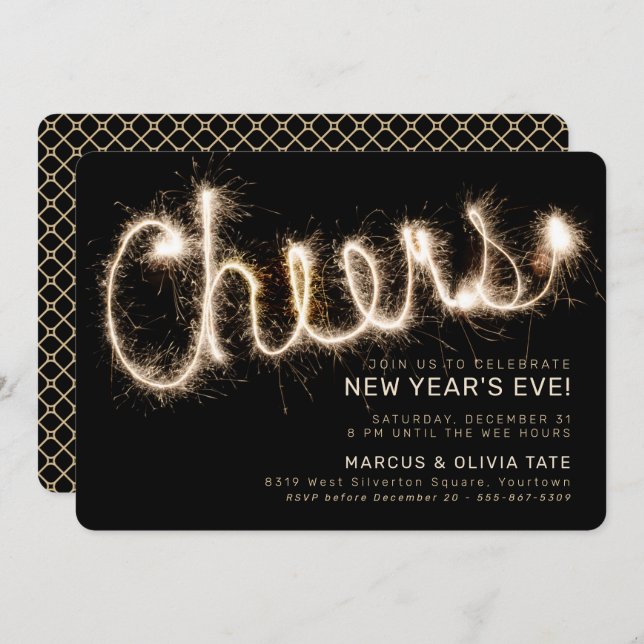 New Year's Eve Sparkler Cheers | Black & Gold Invitation (Front/Back)