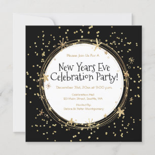 New Year's Eve, Stars, Black Gold, Party Invitation