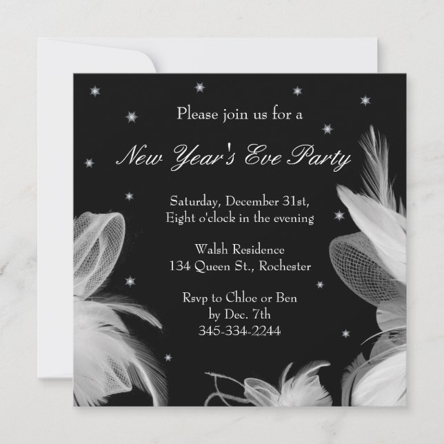 New Year's Eve Winter White Feathers Invitation (Front)