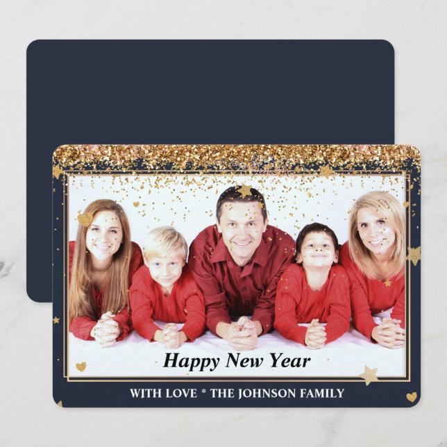 New Years Gold Glitter Frame Family Photo Holiday Card (Front/Back)