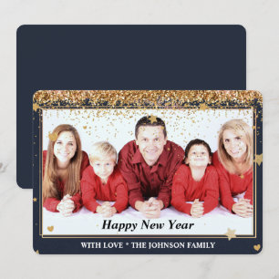 New Years Gold Glitter Frame Family Photo Holiday Card