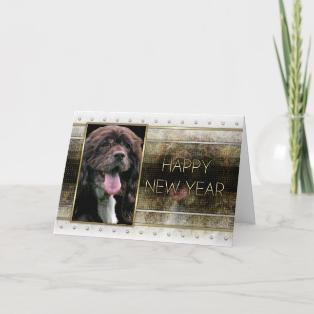 New Years - Golden Elegance - Cocker Spaniel Holiday Card (Front)