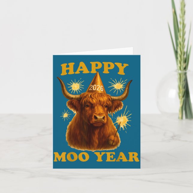 New Years Highland Cow Scottish Nye Party Farm Ani Card (Front)