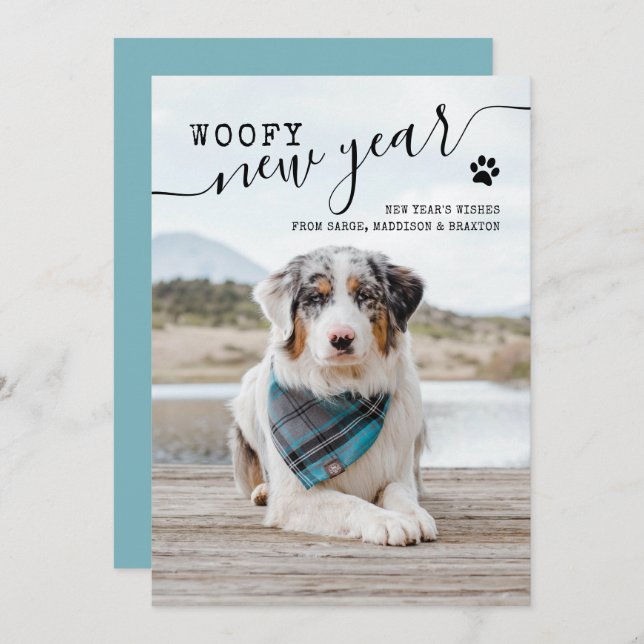 New Years Holiday Card Dog Photo Woofy New Year (Front/Back)